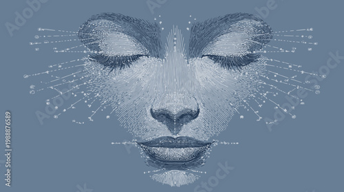 Abstract illustration of a peaceful face with closed eyes and radiating lines