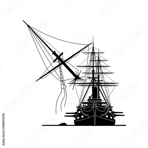 Silhouette of a majestic historical warship with tall masts and sails.