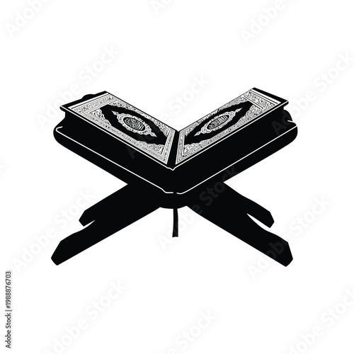 An open holy book rests on a wooden stand against a white background.