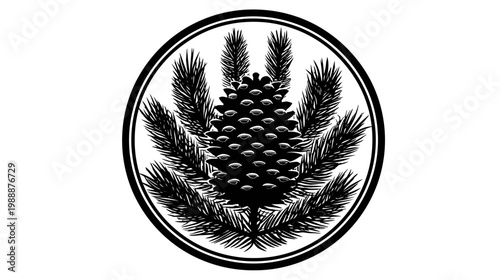 Black and white pine cone emblem inside a circular frame isolated