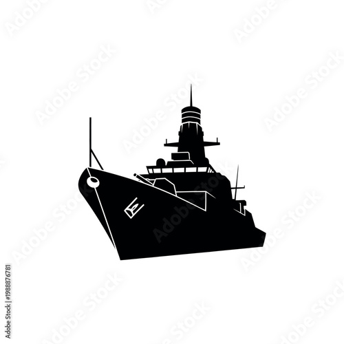 Silhouette of a Modern Warship Sailing on the Ocean.