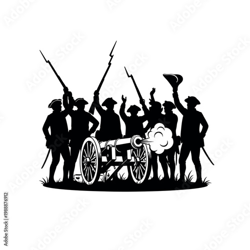 Soldiers standing with a cannon.