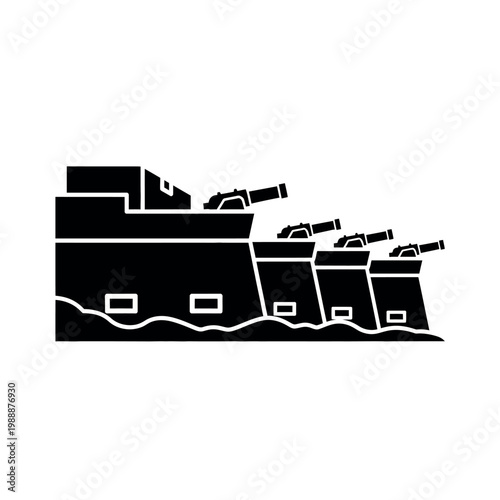 Canvastavla Warship with deck guns on water.
