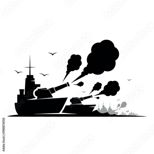 Warship Destroyer Firing Cannons at Sea.