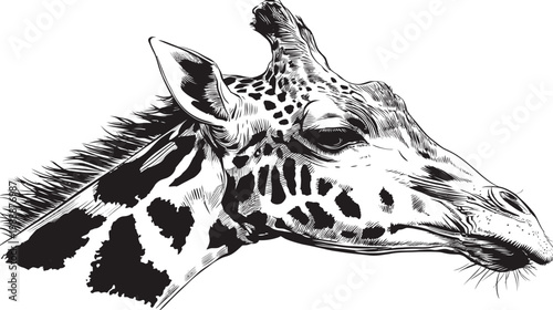Detailed black and white illustration of a giraffe head facing right