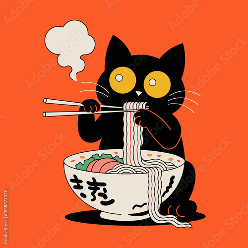 Black cat eating noodles from bowl with chopsticks pop art cartoon vector