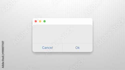 Graphic user interface window with cancel and ok button. Minimalist popup frame for software application. Modern digital dialogue box for web development and computer interaction design.