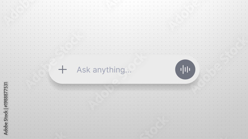 Search bar with voice input icon on dotted background. Input field for artificial intelligence assistant query. Modern minimalist ui element for website or mobile application design.