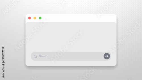 Browser window with search bar interface. Empty web page mockup for navigation. Digital UI element with voice search icon and dot grid background. Software design technology concept.