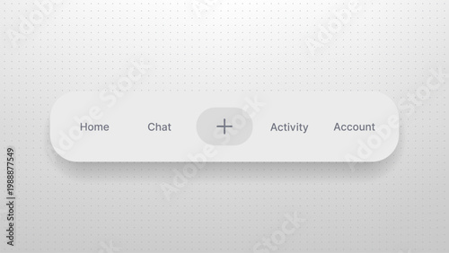 Modern user interface navigation bar with plus button. Floating menu panel for mobile application design. Minimalist digital toolbar with text labels in flat design style on gray background.