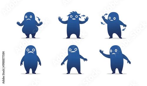 Collection of Blue cartoon monster characters emoticons.