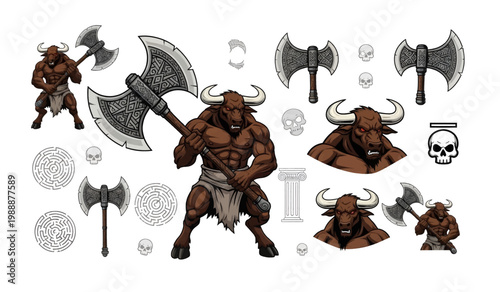 Collection of Muscular horned warrior with battle axe.