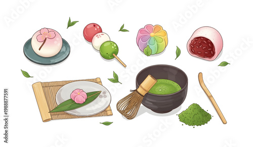 Collection of Traditional Japanese Green Tea Dessert.