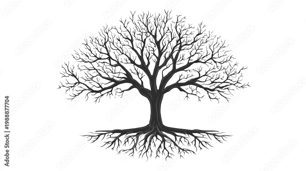 Fototapeta premium Silhouette of a tree with roots and branches against a white background