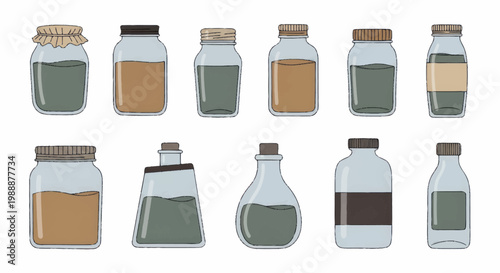 Collection of Vintage Apothecary Jars and Bottles with Various Liquids.