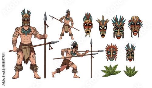 Collection of Warrior with tribal masks and weapons.