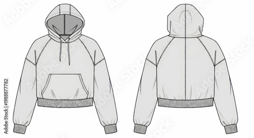 Cropped Hoodie Fashion Flat Sketch Technical Drawing Design.