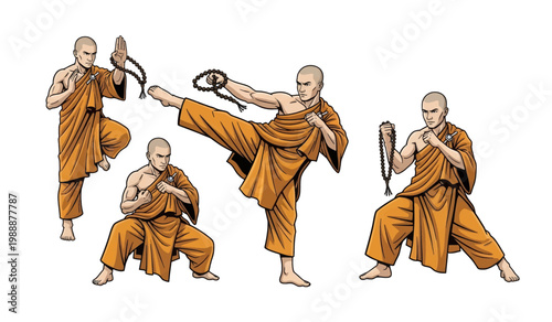 Collection of Monks practicing martial arts movements slowly.