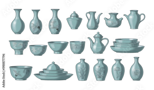 Collection of antique ceramic tea set.