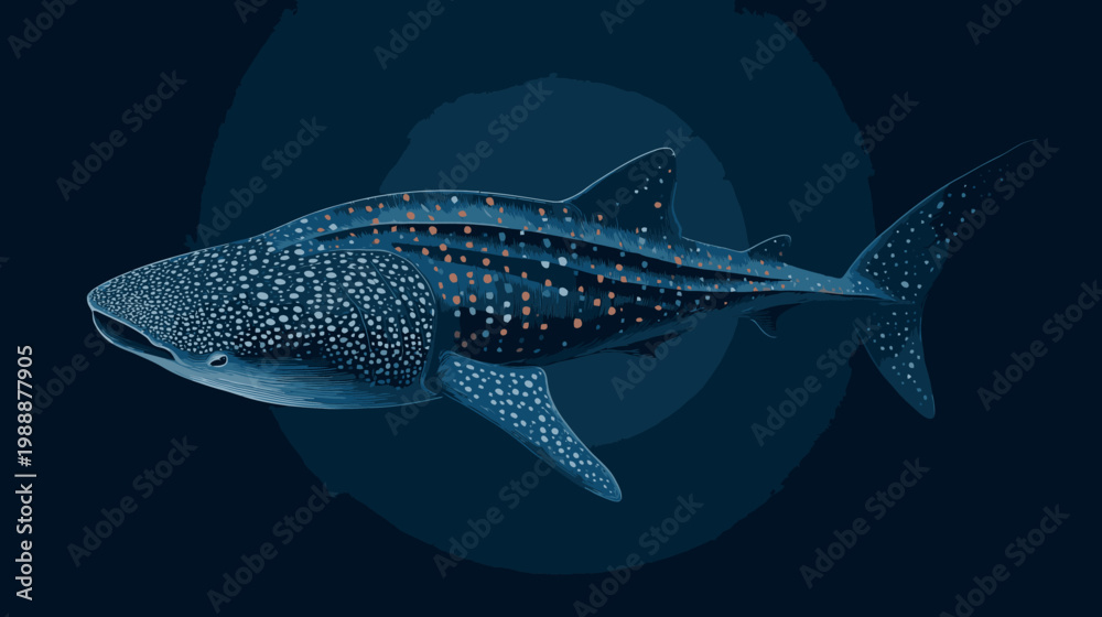 Fototapeta premium Whale shark illustration in dark blue ocean environment vector design