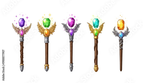 Collection of Five fantasy magic wands with jewels.