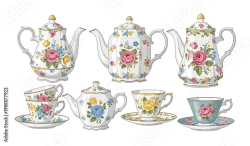 Collection of Vintage Floral Teapot Tea Set Cups.