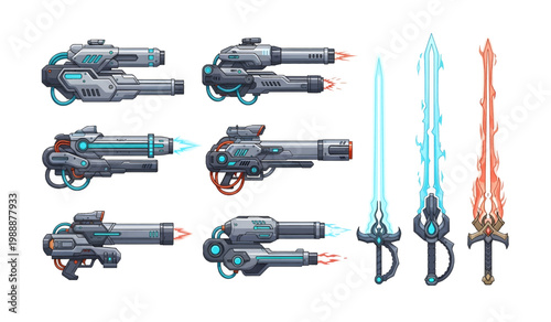 Collection of Futuristic Blasters and Energy Swords.