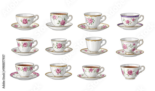 Collection of Tea Cups and Saucers Displayed Neatly.