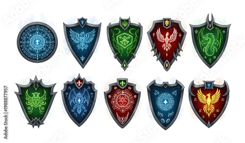 Collection of fantasy shields and crests.