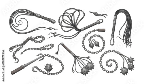 Collection of old metal whips chains.