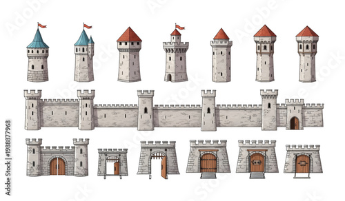 Collection of Medieval Castle Architecture Tower Walls.