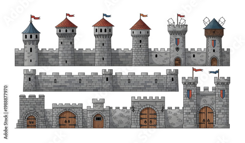 Collection of Gray Castle Wall with Towers.