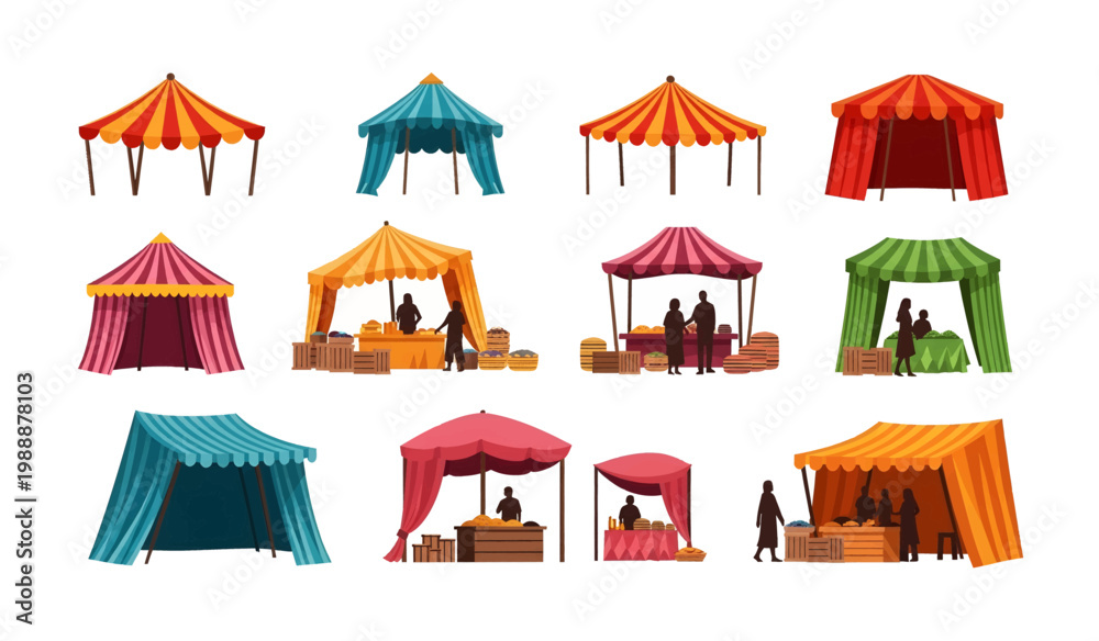 Obraz premium Collection of Colorful market stalls and canopies.