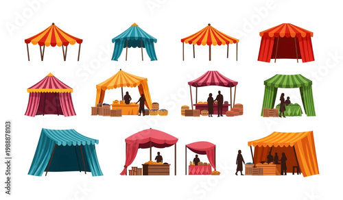 Collection of Colorful market stalls and canopies.