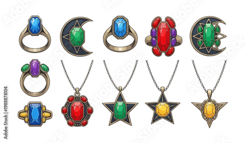 Collection of Colorful Jewelry Pendants and Rings Display.