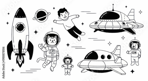 Cute Astronauts and Spaceships Doodle Set for Space Exploration.