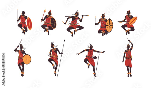 Collection of Warriors in traditional African attire dancing.
