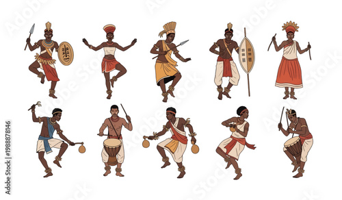 Collection of African tribal warriors in traditional dress.