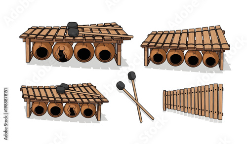 Collection of Xylophone musical instrument with mallets.