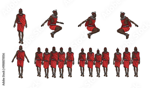 Collection of Maasai warriors in traditional jumping dance.
