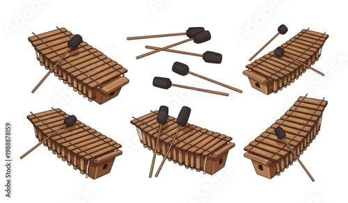 Collection of Six Xylophone Instruments With Mallets.