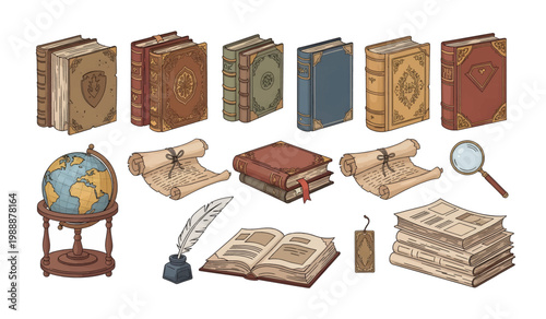 Collection of Vintage books and study objects.