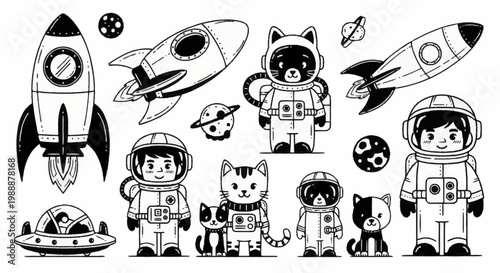 Cute cartoon astronauts and rockets exploring outer space adventure.