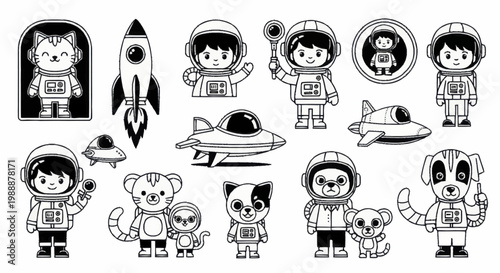 Cute cartoon astronauts and space elements collection.