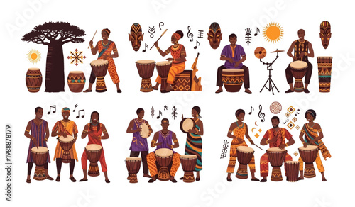 Collection of African Drummers Playing Traditional Drums.