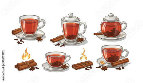 Collection of Cinnamon tea cups with spices.