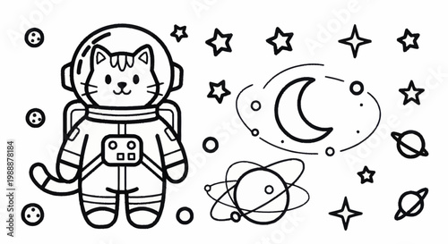 Cute cartoon cat astronaut in a spacesuit exploring the cosmos.