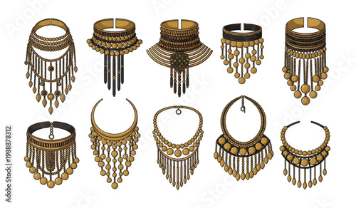 Collection of ornate gold necklaces.