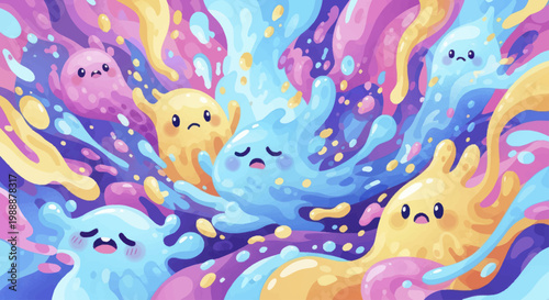 Cute Colorful Blob Creatures in a Vibrant Abstract Swirl.
