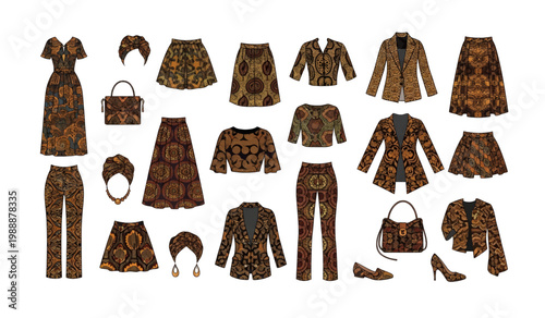Collection of Brown patterned clothing and accessories collection.